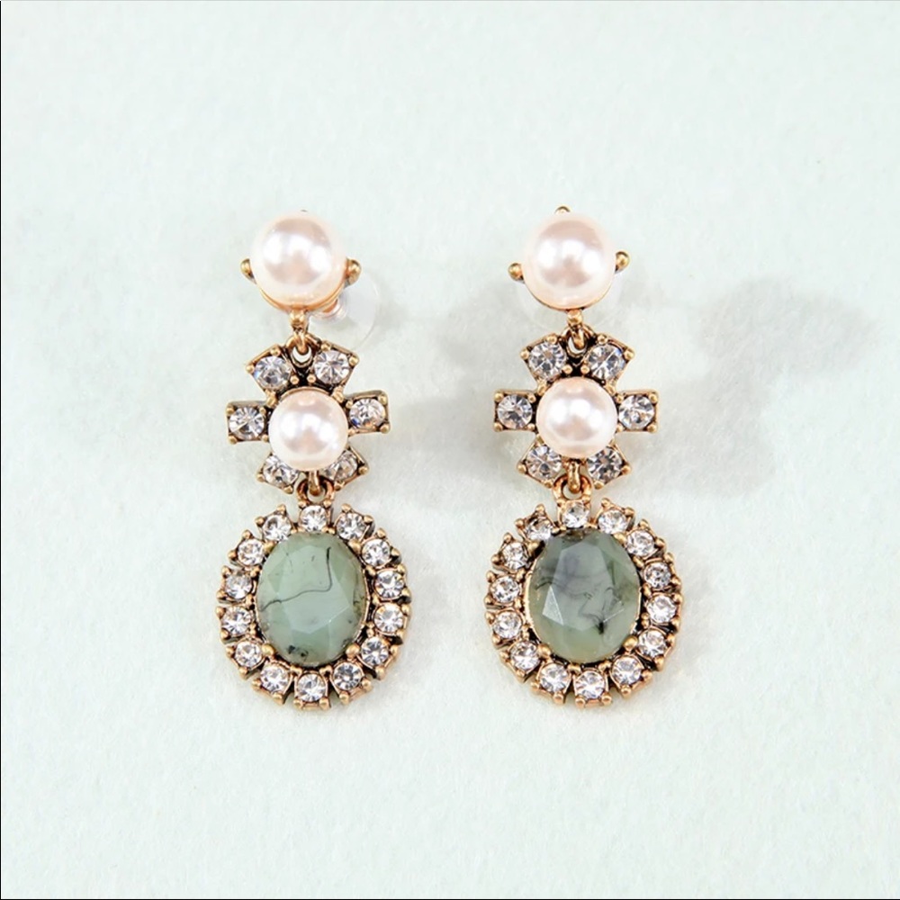 2/$12 Drop Earrings Green Stone w/ Crystals Pearls